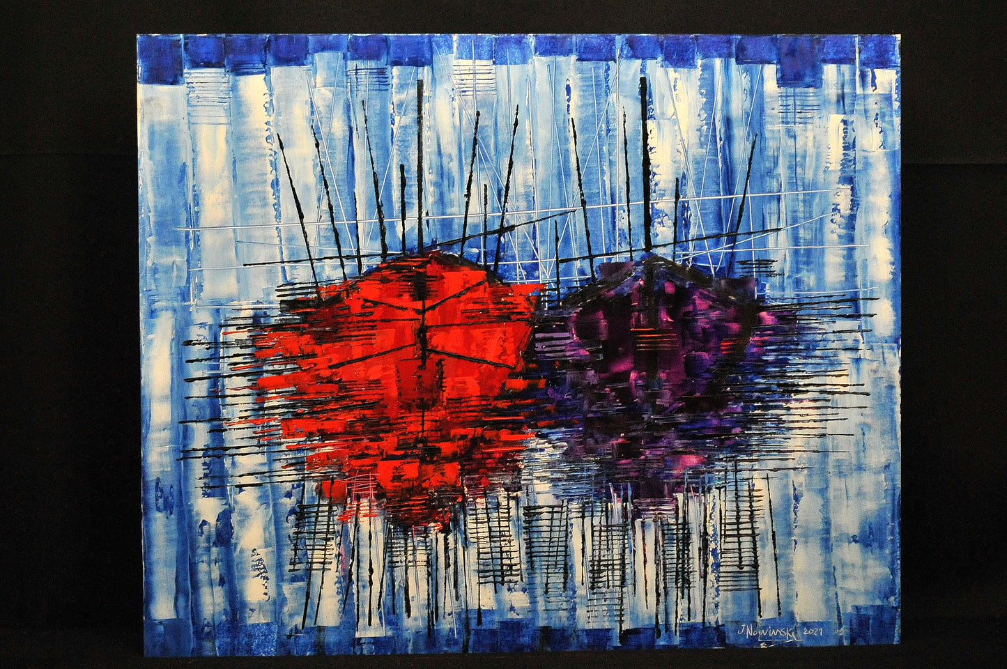 BARCAS IMAGINARIAS ROJAS Y VIOLETAS. Jaime Nowinski, Año 2021, 69x85cm