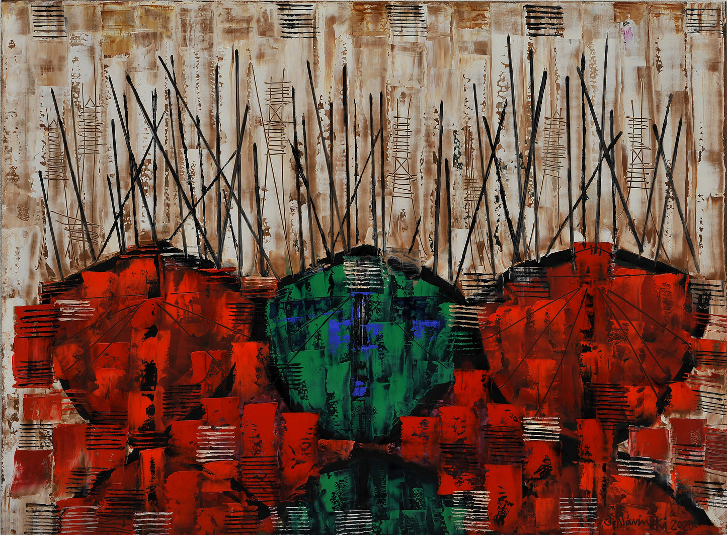 BARCAS IMAGINARIAS EN ROJO Y VERDE. Jaime Nowinski, Año 2020, 69x92cm