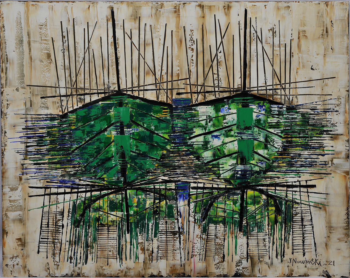 BARCAS ABSTRACTAS VERDES. Jaime Nowinski, Uruguay. Año 2021, 68x84cm