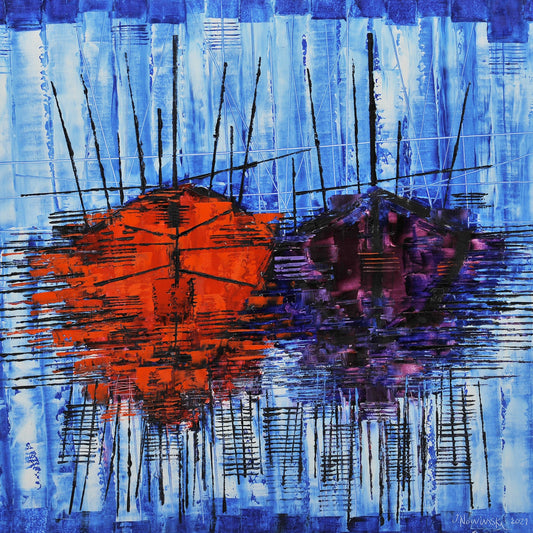 BARCAS IMAGINARIAS ROJAS Y VIOLETAS. Jaime Nowinski, Año 2021, 69x85cm