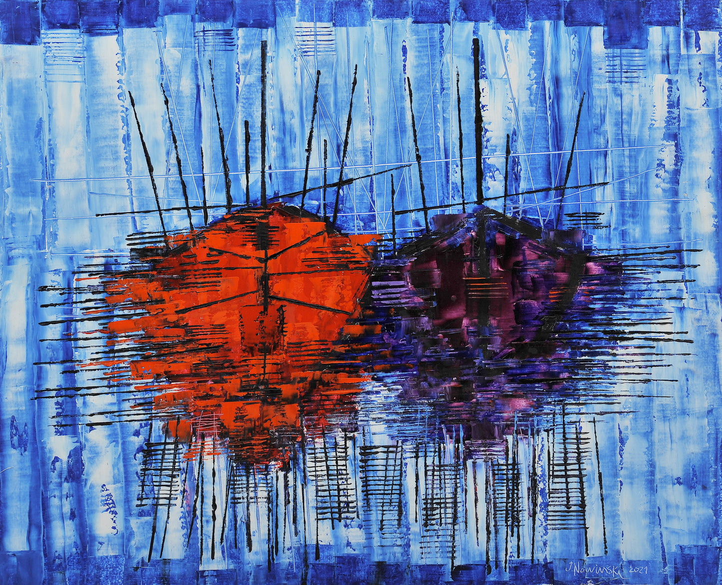 BARCAS IMAGINARIAS ROJAS Y VIOLETAS. Jaime Nowinski, Año 2021, 69x85cm