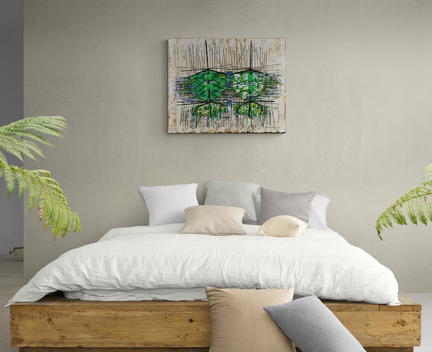BARCAS ABSTRACTAS VERDES. Jaime Nowinski, Uruguay. Año 2021, 68x84cm